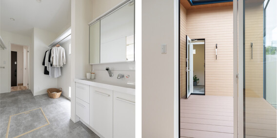 洗濯後は そのままウッドデッキへ 外とのつながりも 主婦(夫)の味方